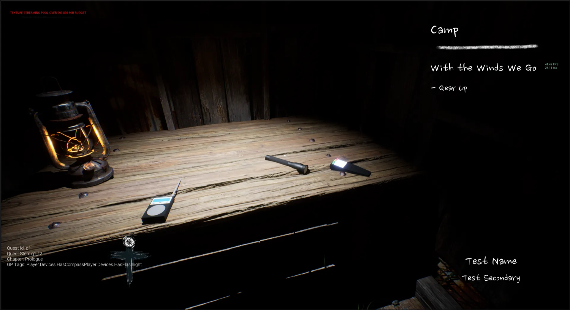 Project Whisper — ghost-hunting gear laid out by lantern light on a weathered table inside a dim wooden cabin.
